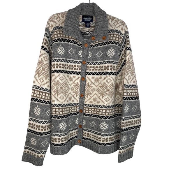 Eddie Bauer Wool Cardigan Sweater Fair Isle Gray & Ivory Size XX-Large Tall - Picture 1 of 8